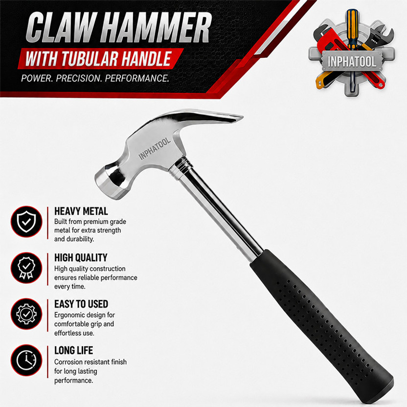 INPHATOOL 11 Inch Curved Claw Hammer Heavy-Duty. Steel Head with Anti-Slip Rubber, Grip | Curved Claw Hammer(0.4 kg)