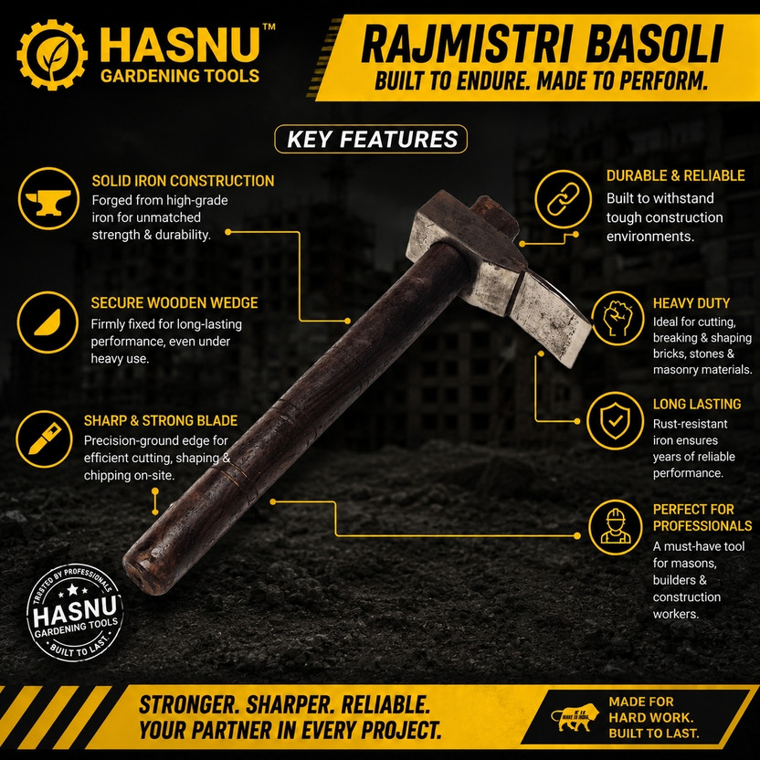HASNU GARDENING TOOLS Heavy duty Iron Rajmistri Basoli For Brick and Construction Use Heavy Duty Iron Masonry Hammer for Brick Work & Construction work Mason's Hammer(0.5 kg)