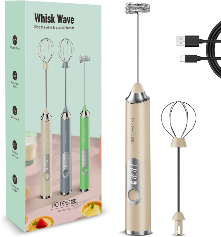 HOMEBASIC 50 W Beige Hand Blender, Electric Whisk(3-Speed Electric Milk Frother – USB Rechargeable, Silent, Stainless Steel)