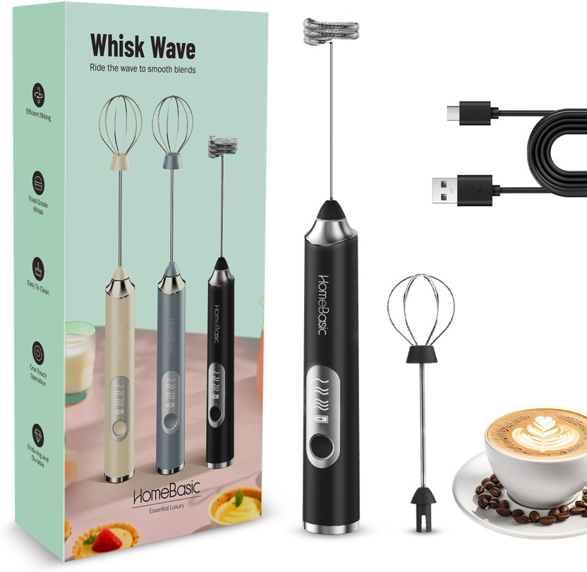 HOMEBASIC 50 W Black Hand Blender, Electric Whisk(3-Speed Electric Milk Frother – USB Rechargeable, Silent, Stainless Steel)