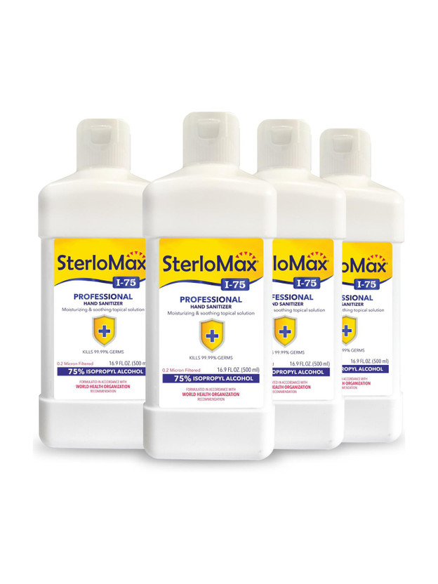 SterloMax Pack of 4 - 75% Isopropyl Alcohol-based Hand Rub Sanitizer and Disinfectant 500 ML Hand Sanitizer Bottle(4 x 0.5 L)