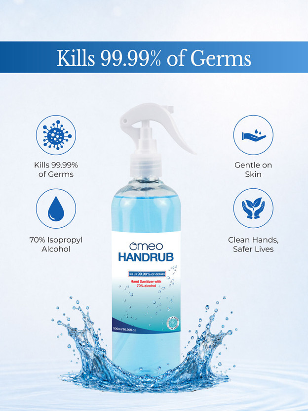 Omeo Instant Liquid Sanitizer Spray - (500), 70% Alcohol, Rinse-free, Skin Friendly Hand Rub Pump + Refill(500 ml)