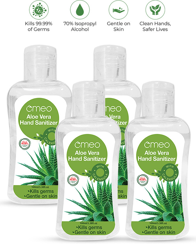 Omeo Omeo Aloe Vera Gel Based Antibacterial Rinse-free-(100PK4), 70% Isopropyl Alcohol Hand Sanitizer Bottle(4 x 100 ml) - Flipkart Deal