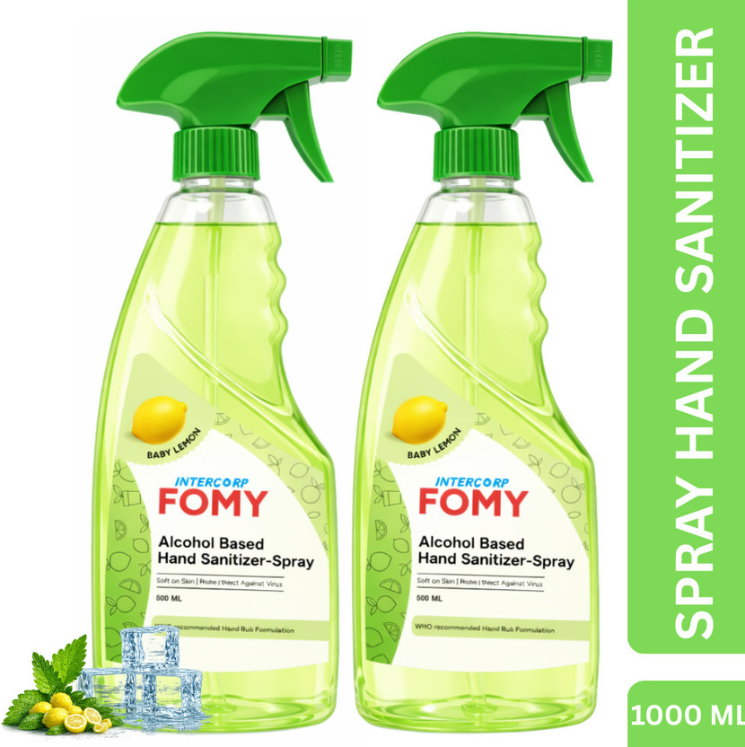 Intercorp Fomy FOMY 75% Isopropyl Alcohol-based Hand Rub Sanitizer and Disinfectant Spray, 500 ml Each (Lemon - Pack of 2) Hand Rub Bottle(2 x 0.5 L)