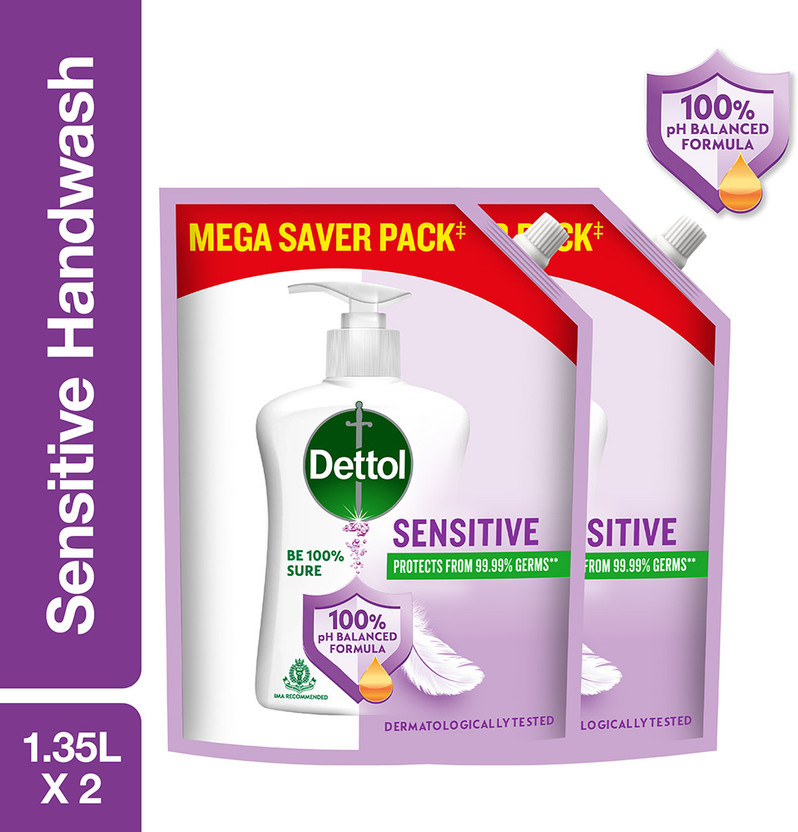 Dettol Sensitive , liquid for bottle, Pouch, no powder, 10X Germ Protection, soap Hand Wash Refill Pouch(2 x 1.35 L)