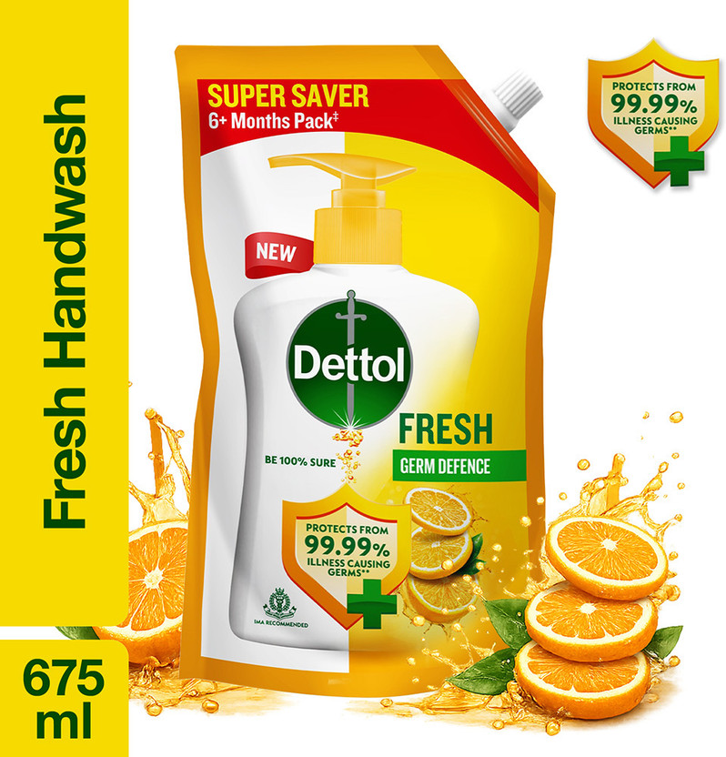 Dettol Fresh , liquid for bottle, Pouch, no powder, 10X Germ Protection, soap Hand Wash Refill Pouch(675 ml)