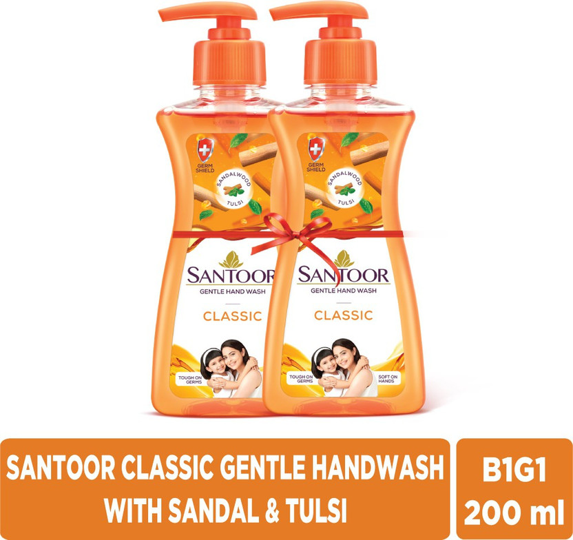 Santoor by Wipro Classic Gentle with Goodness of Sandalwood & Tulsi Hand Wash Pump Dispenser(2 x 100 g)