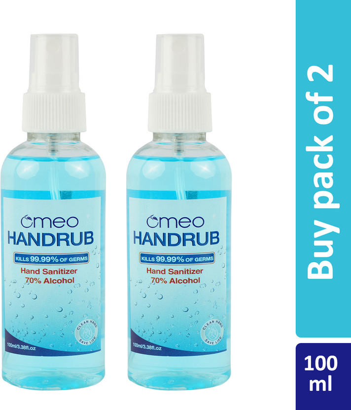 Omeo Instant Liquid Sanitizer Spray- 70% Alcohol for Home & Personal Hygiene Hand Rub Bottle(2 x 100 ml)
