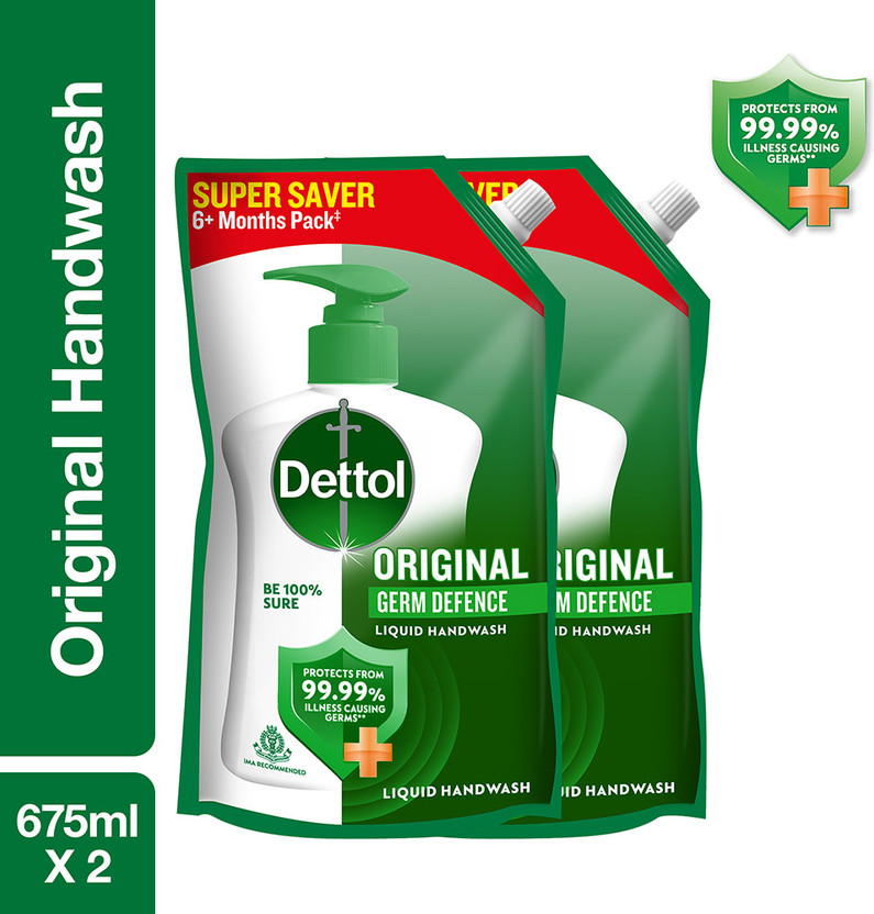 Dettol Original , liquid for bottle, Pouch, no powder, 10X Germ Protection, soap Hand Wash Pouch(2 x 675 ml)