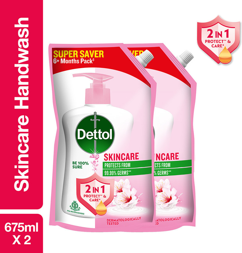 Dettol Skincare Liquid Handwash Refill Hand Wash Pouch(2 x 675 ml)