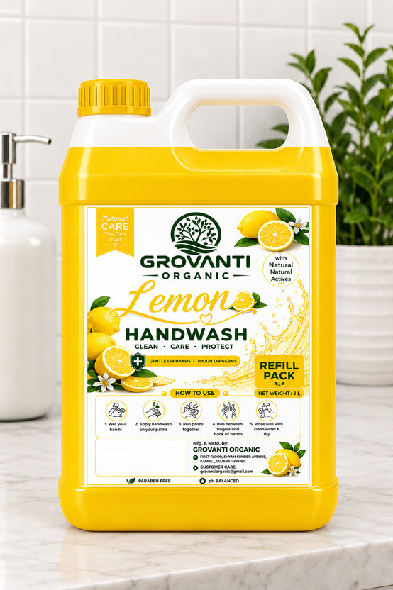 GROVANTI ORGANIC Handwash Liquid | Kill 99.9% Germs | Handwash | Long-Lasting Fragrance | Lemon Hand Wash Can(3 L)