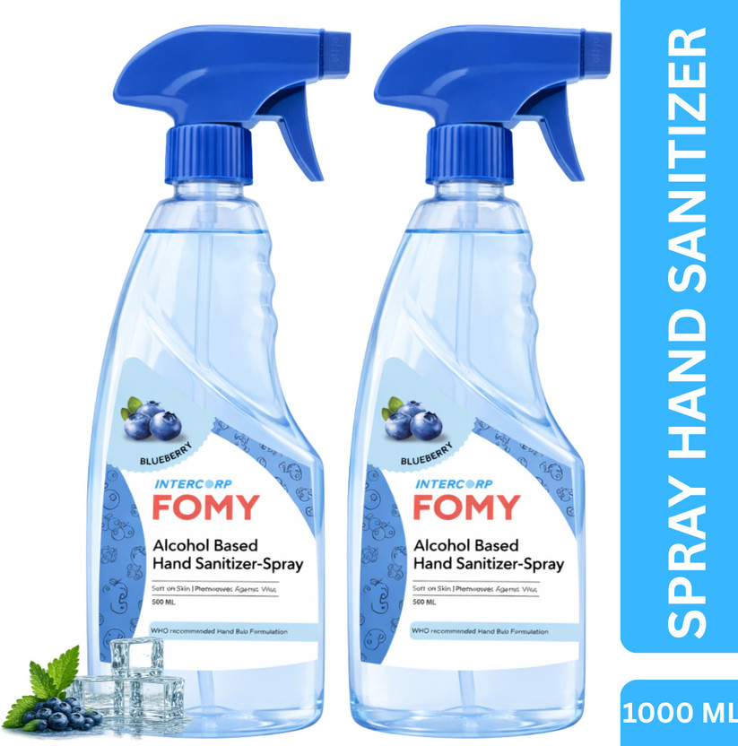 Intercorp Fomy FOMY 75% Isopropyl Alcohol-based Hand Rub Sanitizer and Disinfectant Spray, 500 ml Each (Blueberry - Pack of 2) Hand Rub Bottle(2 x 0.5 L)