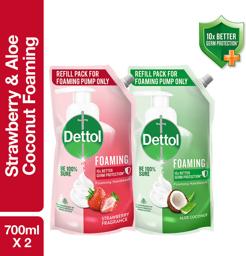 Dettol Foaming , liquid for Bottle, Strawberry & Aloe Combo, no powder, soap Hand Wash Refill Pouch(2 x 0.7 L)