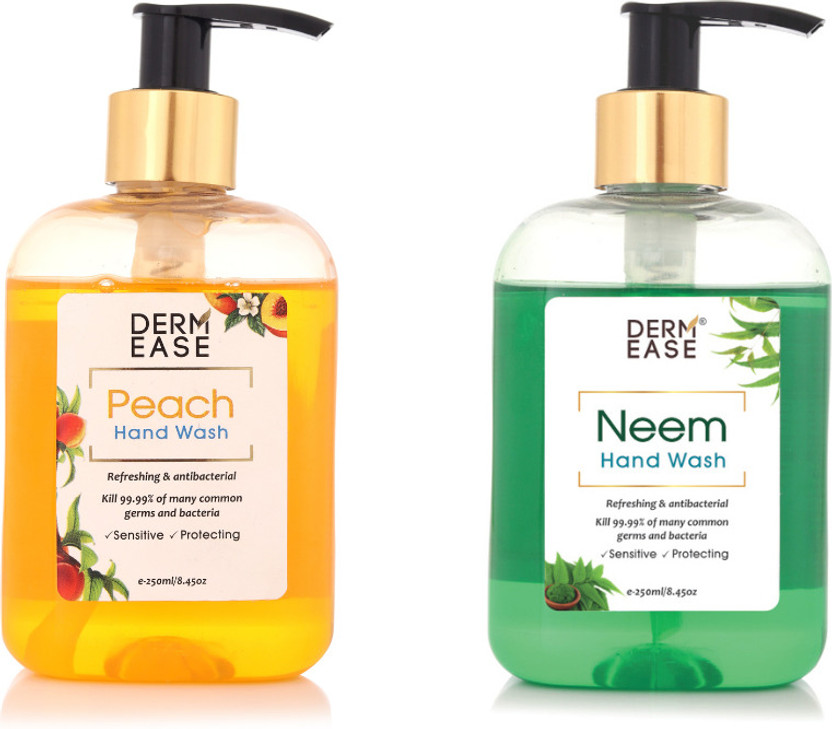 DERMEASE Derm Ease Combo Neem & Peach Enriched with Aloevera, 10X Germ Protection Hand Wash Bottle + Dispenser(2 x 250 ml)