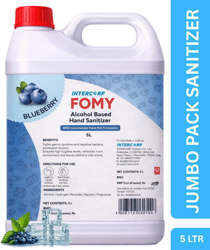 intercorp 75% Isopropyl Alcohol-based Hand Rub Sanitizer and Disinfectant, 5 Liter Jumbo Saver Pack ( Blue Berry) Hand Rub Can(5 L)