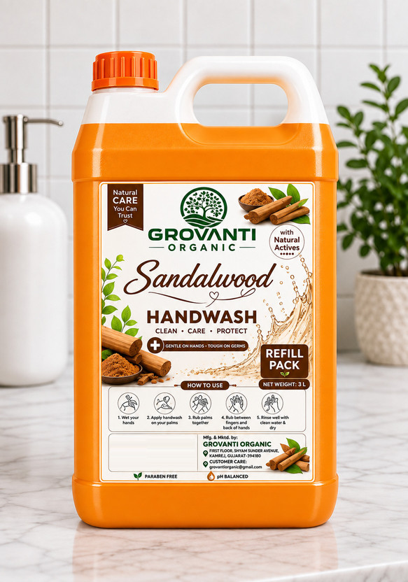 GROVANTI ORGANIC Handwash Liquid | Kill 99.9% Germs | Handwash | Long-Lasting Fragrance | Sandal Hand Wash Can(3 L)