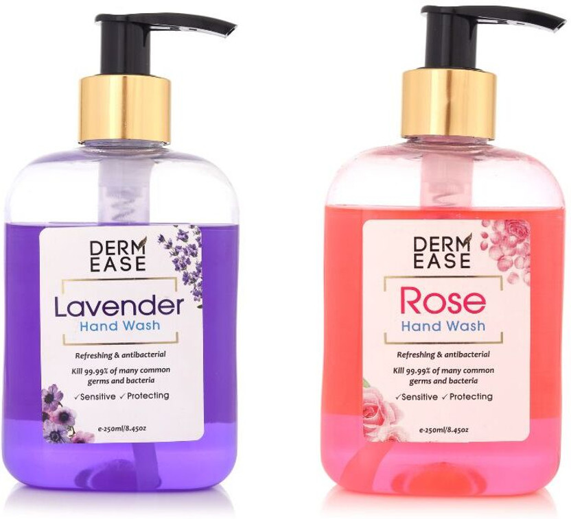 DERMEASE Derm Ease Combo Lavender & Rose Enriched with Aloevera, 10X Germ Protection Hand Wash Bottle + Dispenser(2 x 250 ml)