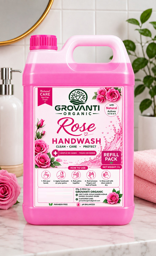 GROVANTI ORGANIC Handwash Liquid | Kill 99.9% Germs | Handwash | Long-Lasting Fragrance | Rose Hand Wash Can(3 L)