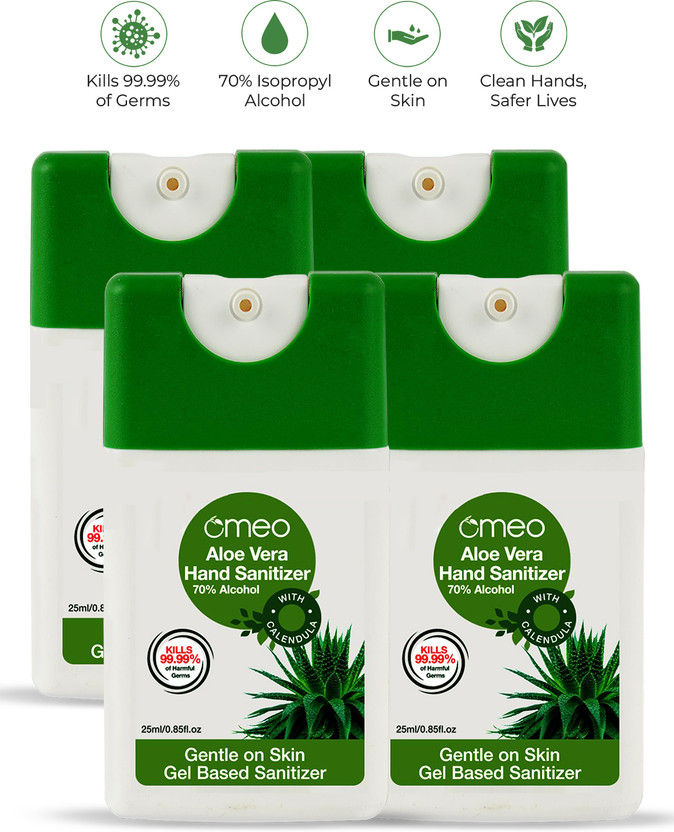 Omeo Omeo Aloe Vera Gel Based Antibacterial Rinse-free-(25PK4), 70% Alcohol Travel Pocket Hand Sanitizer Bottle(4 x 25 ml) - Flipkart Deal