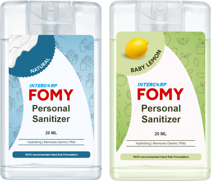 Intercorp Fomy Pocket Sanitizer Spray Combo Pack of 2 (20 ml Each) | Natural & Lemon Sanitizer Spray Spray Bottle(2 x 20 ml)