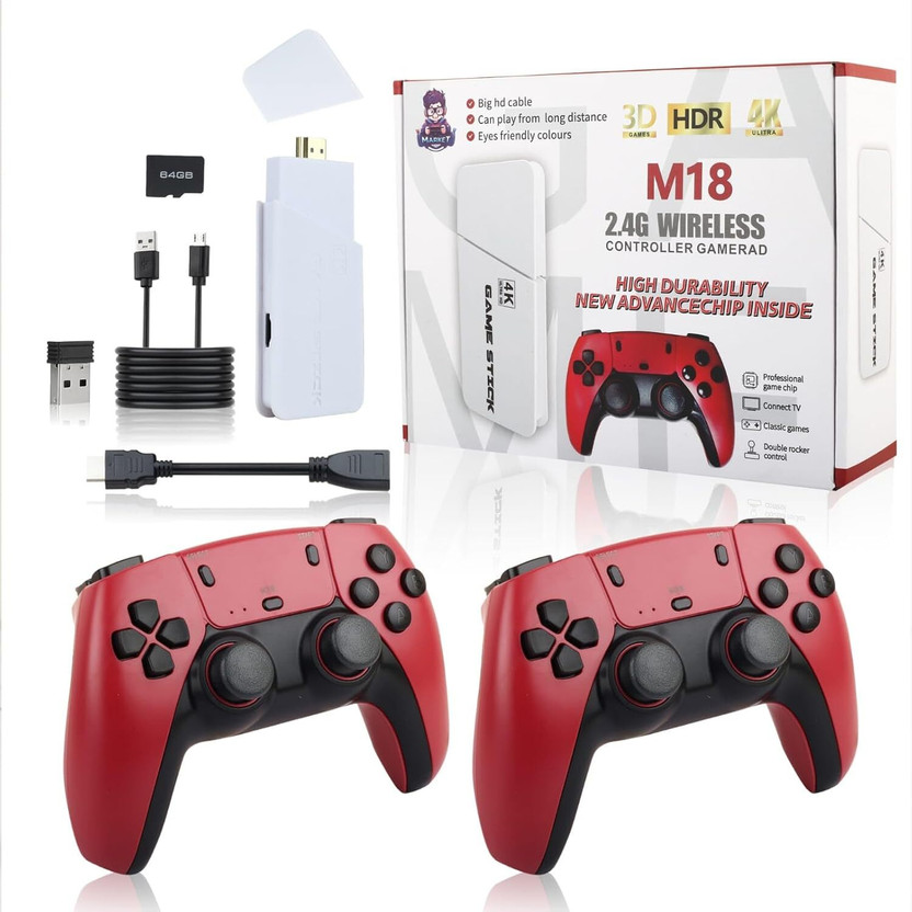 Playtastic M18 4K Ultra HD Game Stick 64 GB with 2 Wireless Controllers, with 10 Emulators 24000+ Games Like Tekken 3, Mario(Red)