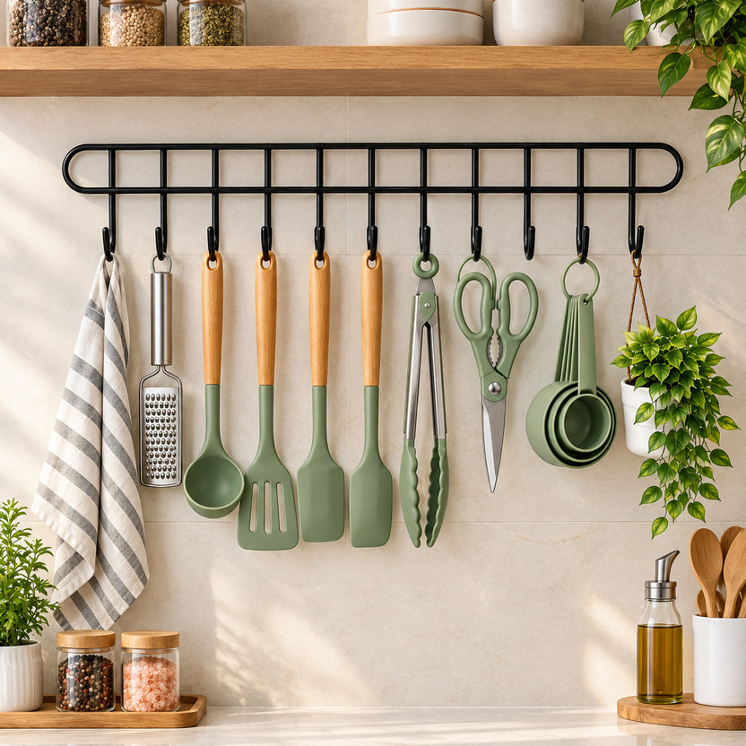 APCO APCO Utensil Holders 11 Hook Rail and Kitchen hanger for wall (Black, Pack of 1) Accessories Organizer, Regular Organizer