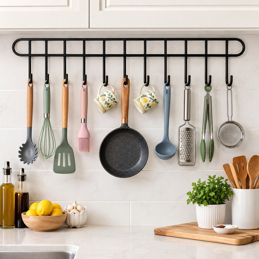 APCO APCO Utensil Holders 11 Hook Rail and Kitchen hanger for wall (Black, Pack of 1) Accessories Organizer, Regular Organizer
