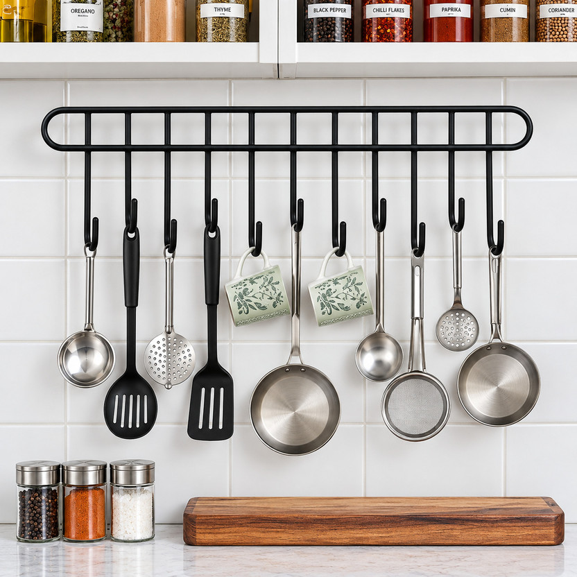 APCO Utensil Holders 11 Hook Rail and Kitchen hanger for wall (Black, Pack of 1) Regular Organizer