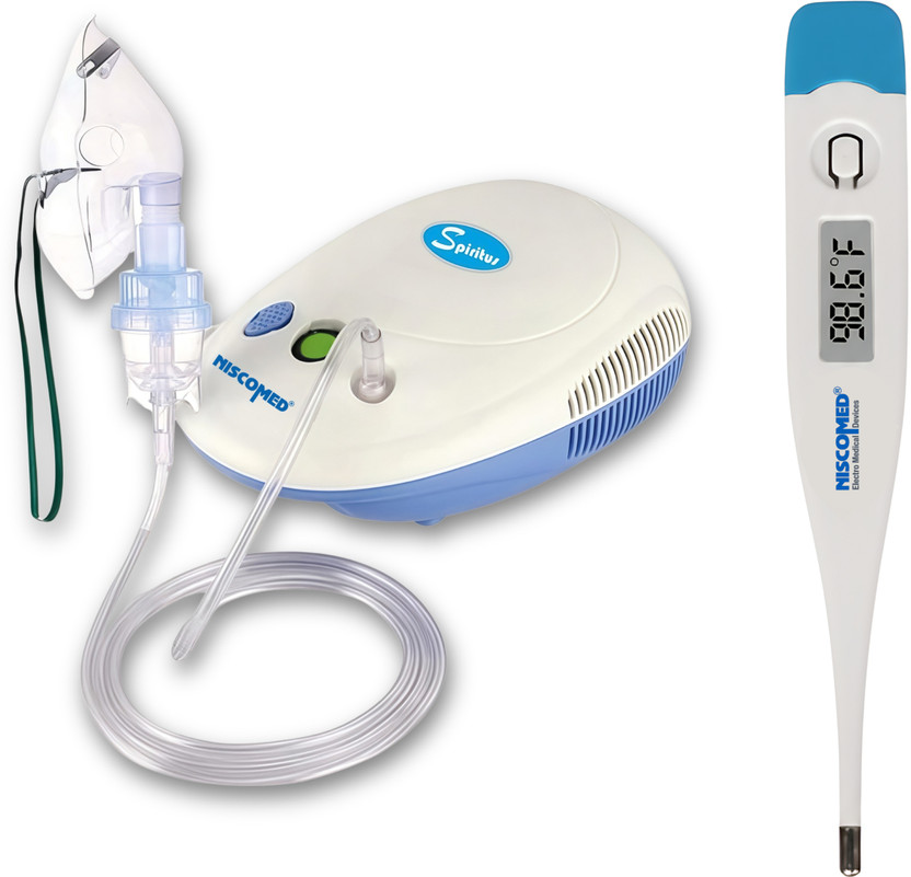 NISCOMED Professional Series Piston Nebulizer, Compressor Complete Kit Nebulizer with Child and Adult Masks With Digital Thermometer Blue & White Health Care Appliance Combo