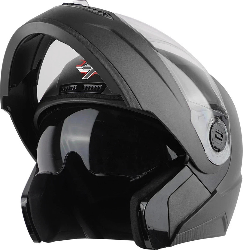 Steelbird SBA-7 7Wings ISI Certified Flip-Up for Men and Women Motorbike Helmet(Dashing Black with Outer Clear and Inner Smoke Sun Shield)