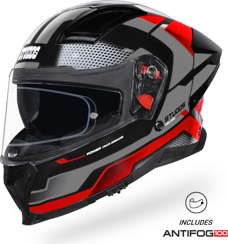 STUDDS Helios Asphalt Full Face ISI and DOT Certified Helmet with Dual Visor Motorbike Helmet(BLACK GREY & RED)