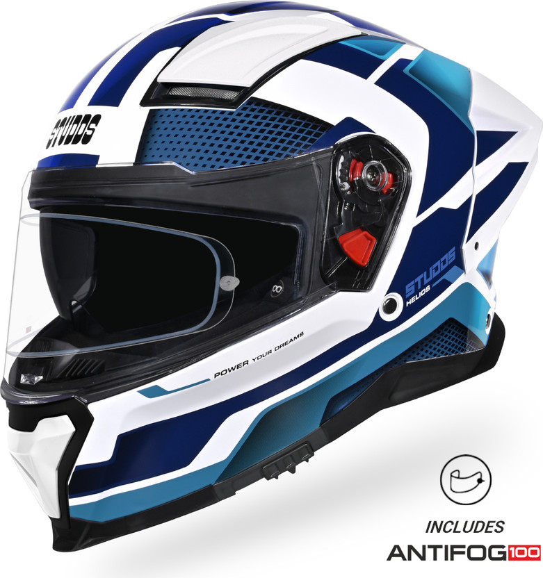 STUDDS Helios Asphalt Full Face ISI and DOT Certified Helmet with Dual Visor Motorbike Helmet(WHITE & BLUE)