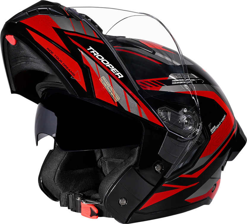 STUDDS Trooper D4 Race ISI and DOT Certified Flip-Up Helmet with Spoiler Motorbike Helmet(BLACK RED)
