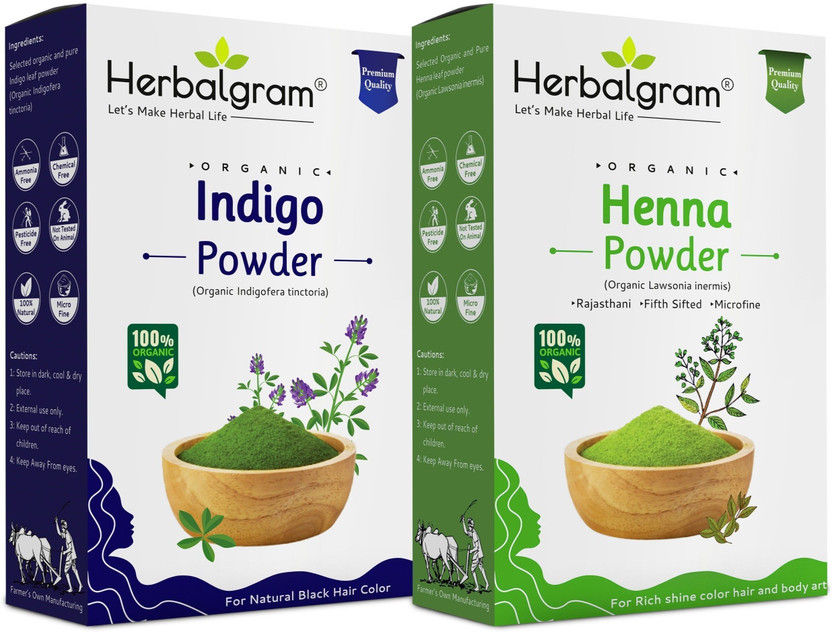 Herbalgram 100% Organic Indigo Powder and Pure Henna Powder Combo Pack For Black Hair Color(200 g)