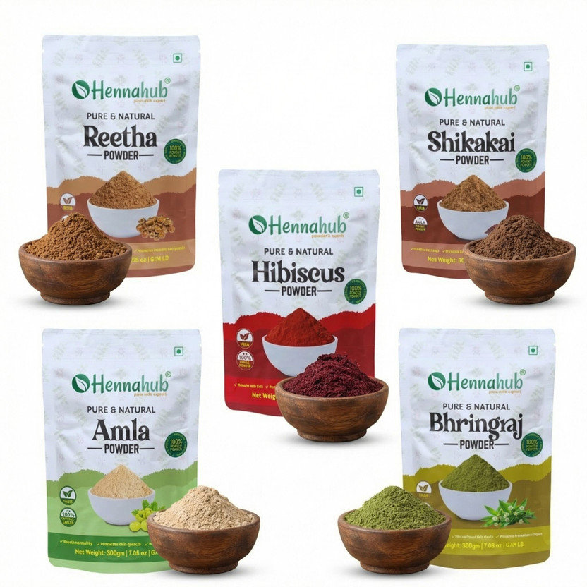 HENNAHUB Amla, Reetha Shikakai, Bhringraj and Hibiscus Powder for Hair, 200g each (Pack of 5)(999 g)