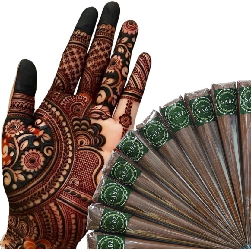 SABZ ORGANICS Natural & Pure Mehendi Cones For Dark Long-Lasting Stain 1 Box Contains 6 Cones(250 g)