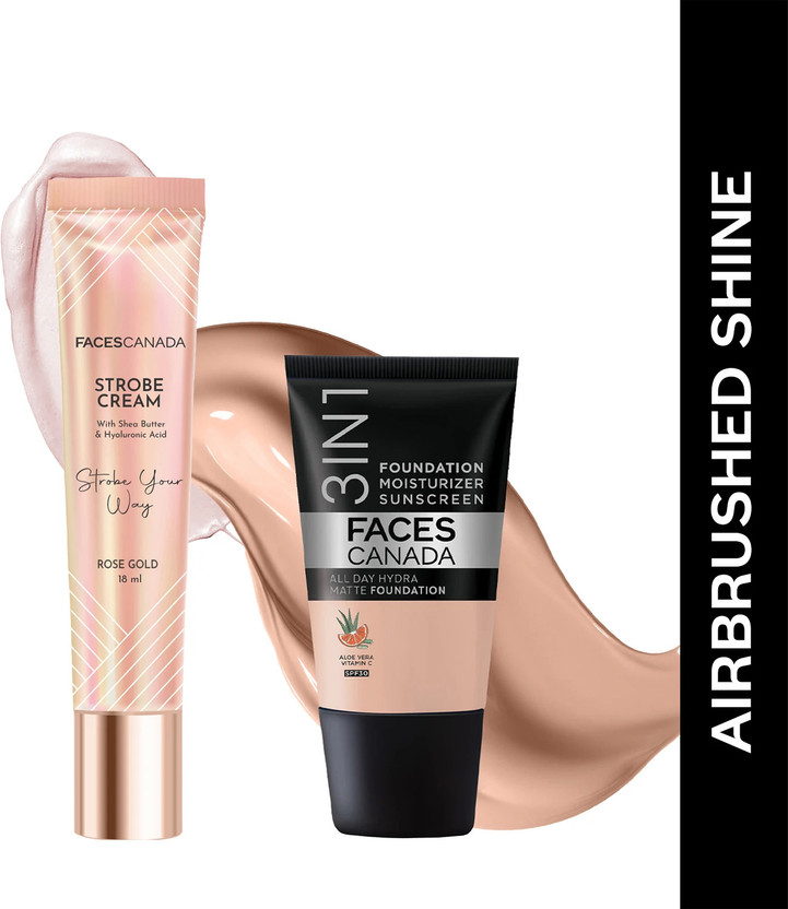 FACES CANADA Hydra Matte Foundation (18ml) + Strobe Cream (18ml) | Lightweight | Glowy Makeup Highlighter(36 ml, Rose Ivory 011 + Rose Gold)