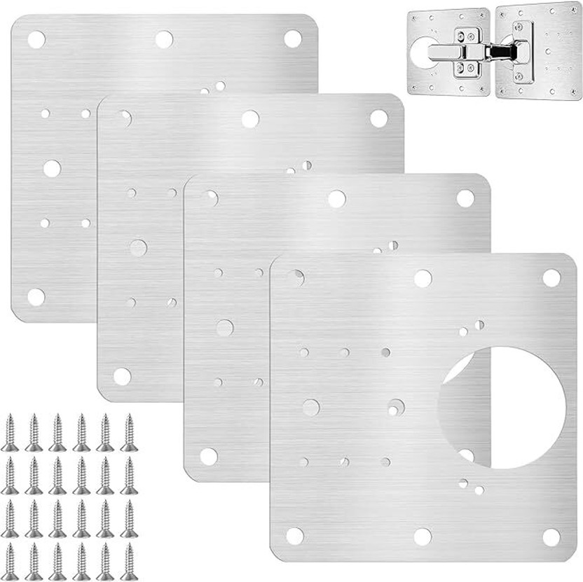 Veltriqa 4pcs Cabinet Hinge Repair Plate, Stainless Steel Hinge Repair Kit for Furniture Strap Hinge(Silver Pack of 4)