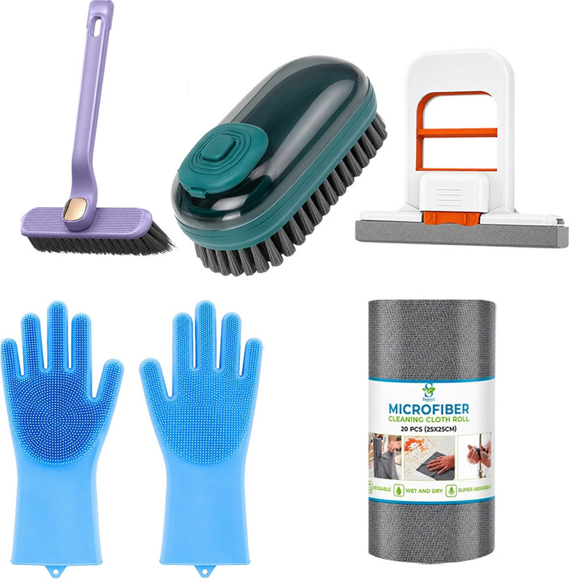 ORIDOR All-in-One Home Cleaning Kit with Gloves, Microfibre Roll, Brush and Cloth Set Glove, Cleaning Brush, Kitchen Wiper, Cleaning Cloth