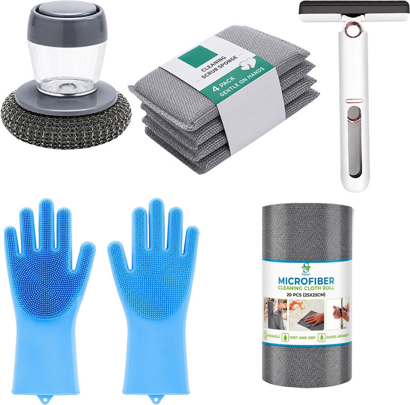 ORIDOR All-in-One Home Cleaning Kit with Gloves, Microfibre Roll, Brush and Cloth Set Glove, Cleaning Brush, Scrub Pad, Kitchen Wiper, Cleaning Cloth