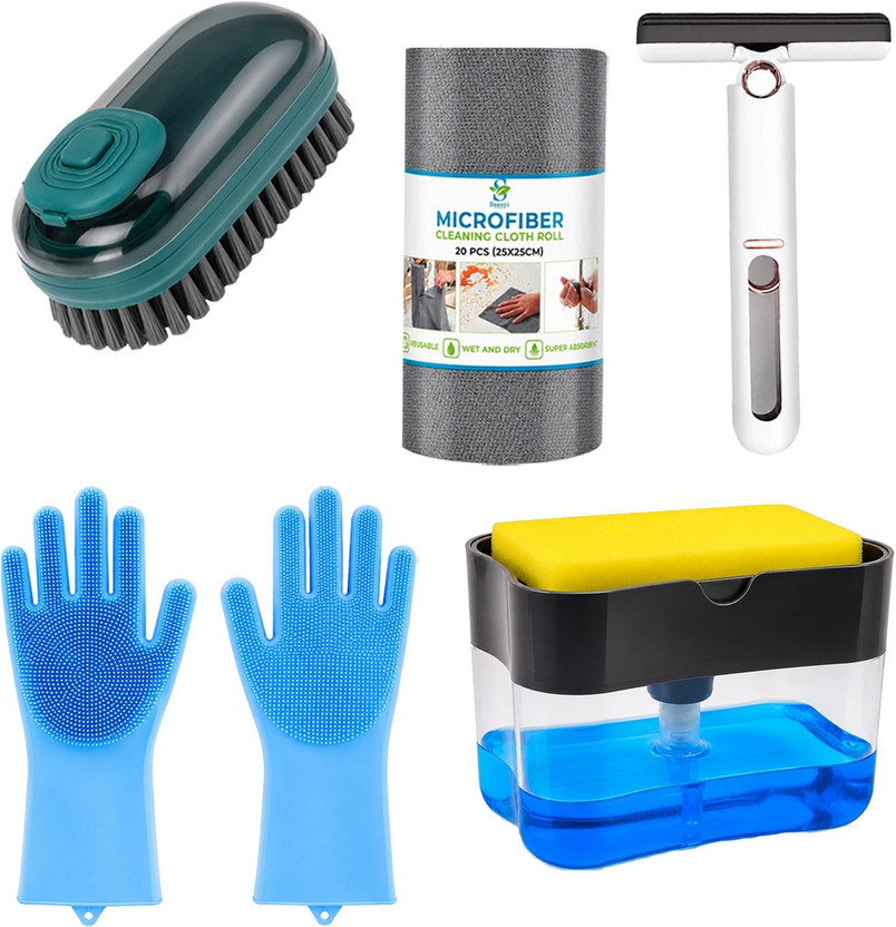 ORIDOR All-in-One Home Cleaning Kit with Gloves, Microfibre Roll, Brush and Cloth Set Glove, Cleaning Brush, Kitchen Wiper, Scrub Pad, Cleaning Cloth