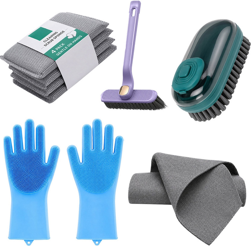 ORIDOR All-in-One Home Cleaning Kit with Gloves, Microfibre Towel, Brush and Cloth Set Glove, Scrub Pad, Cleaning Brush, Cleaning Cloth