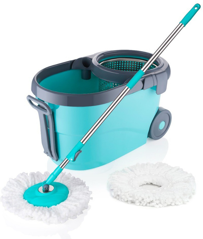 PINEVINTA Bucket Spin Mop Floor Cleaning and Mopping System2 Microfiber Refills,Aqua Green Mop, Bucket, Mop Set, Floor Wiper