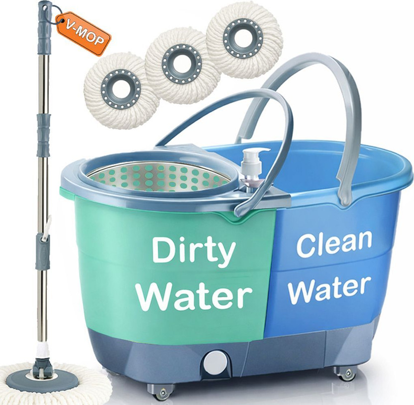 V-MOP Premium Jumbo Double Bucket Spin Mop with 4 Wheels + 3 Microfiber Refills Mop Set(Multicolor)