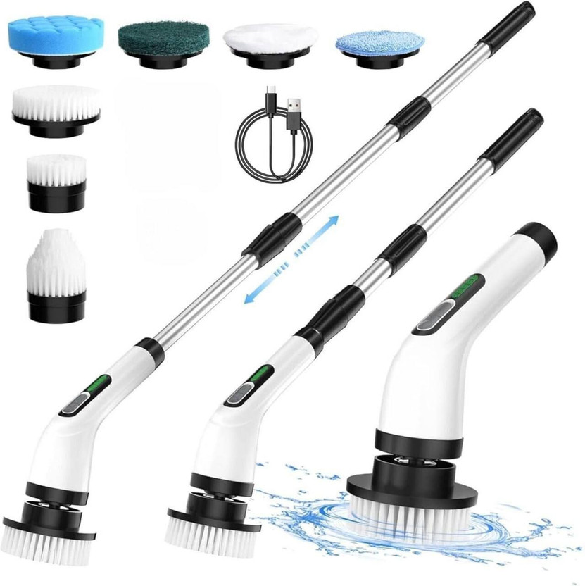 Suvaniq 9-in-1 Cordless Electric Spin Scrubber with Rechargeable Motor & Long Handle XL Mop Set, Cleaning Brush, Scrub Pad, Toilet Brush