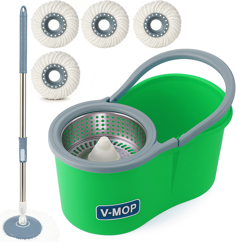 V-MOP Premium Green Classic Spin Bucket Mop with 4 Head (6 Months are Warranty on Rod) Bucket, Mop Refill, Mop, Mop Set, Cleaning Wipe