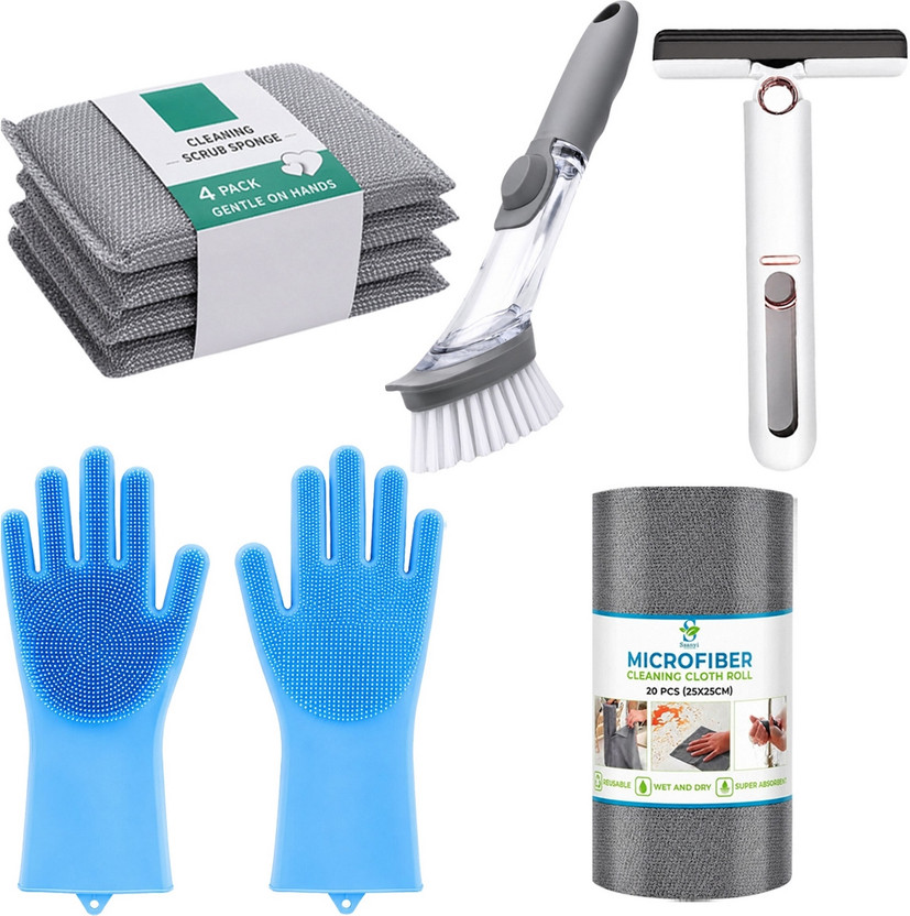 ORIDOR All-in-One Home Cleaning Kit with Gloves, Microfibre Roll, Brush and Cloth Set Glove, Cleaning Brush, Scrub Pad, Kitchen Wiper, Cleaning Cloth