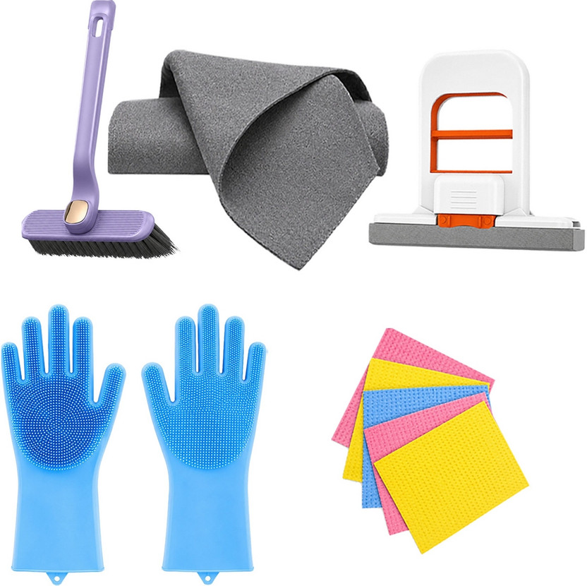 ORIDOR All-in-One Home Cleaning Kit with Gloves, Microfibre Towel, Brush and Cloth Set Glove, Cleaning Brush, Kitchen Wiper, Cleaning Cloth