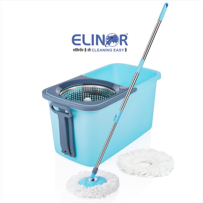 ELINOR Bucket Spin Mop Floor Cleaning and Mopping System2 Microfiber Refills,Aqua BLUE Bucket, Mop Set, Mop
