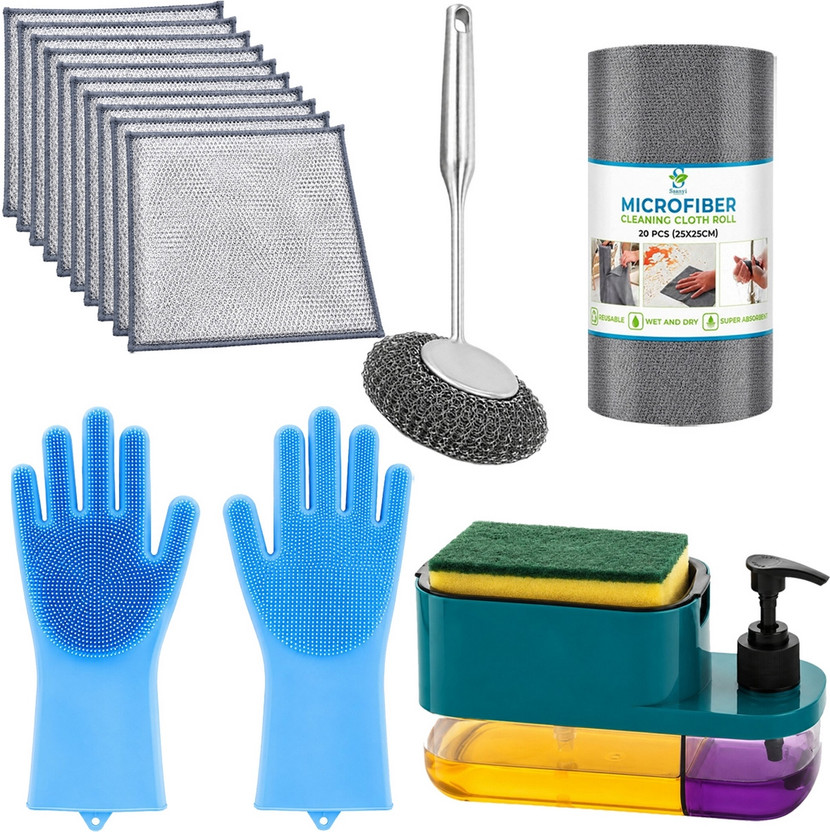 ORIDOR All-in-One Home Cleaning Kit with Gloves, Microfibre Roll, Brush and Cloth Set Glove, Cleaning Cloth, Cleaning Brush, Scrub Pad